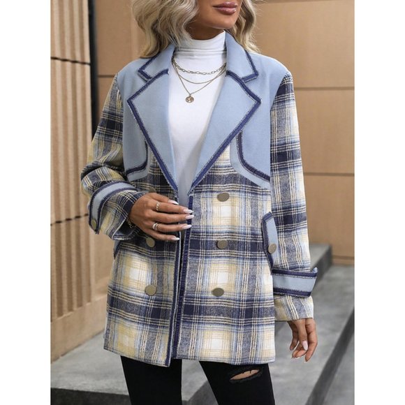 Casual Plaid Double Breasted Contrast Trim Overcoat Blue - Picture 4 of 6
